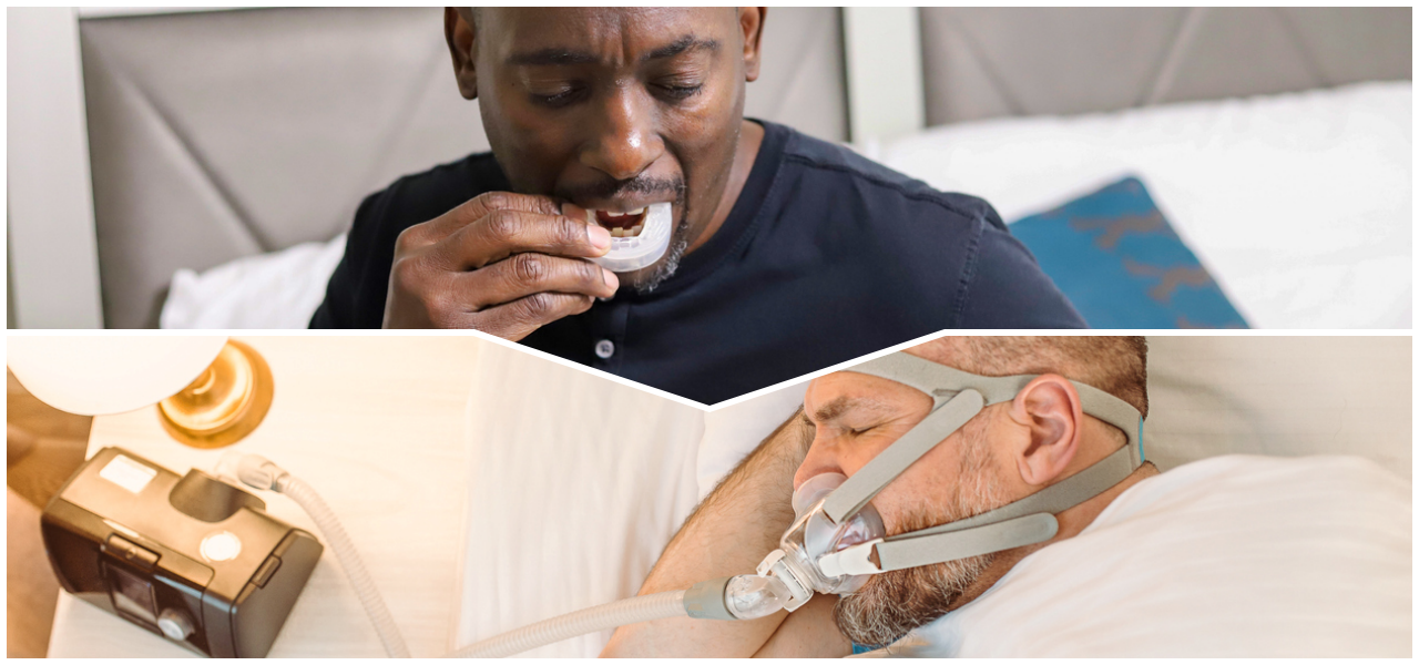 one man putting snore guard in mouth, the other man using a CPAP machine